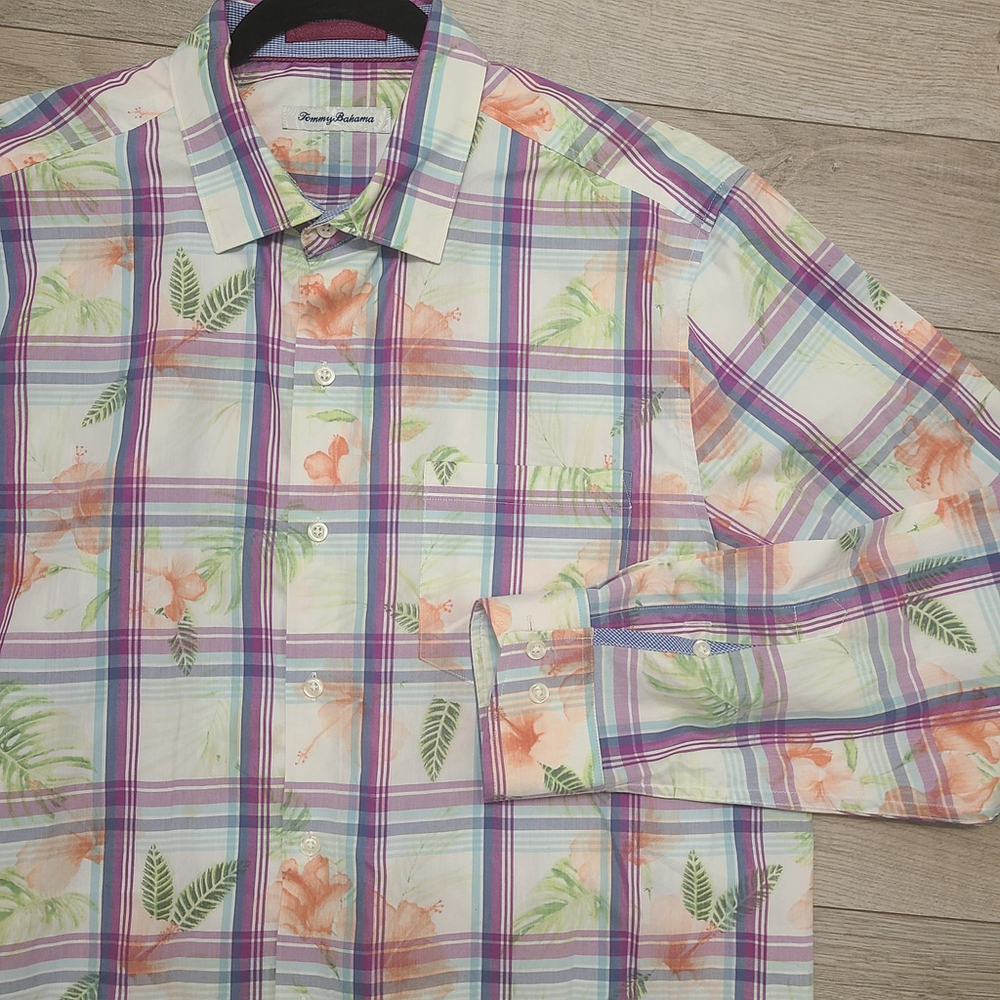 Tommy Bahama Vedado Plaid long-sleeve button-up shirt multicolor Large Silk Cott